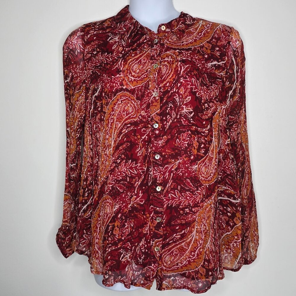 Soft Surroundings Womens Top Blouse 1X‎ Red Pleated Button Up Lined Long Sleeve